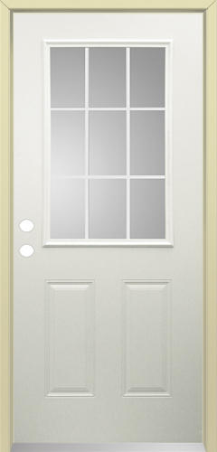 36" Raised Panel Steel or Fiberglass, Insulated, Double Bore Right In-Swing 1/2 Glass 9-Lite