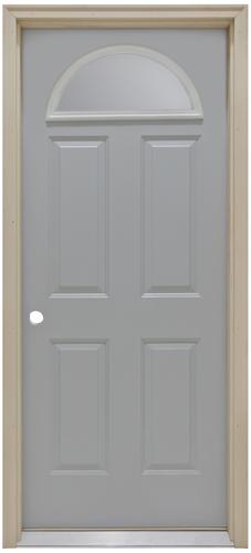 36" Raised Panel Steel or Fiberglass, Insulated, Single or Double Bore, Right In-Swing 1/2 Moon No-Grids Top Glass