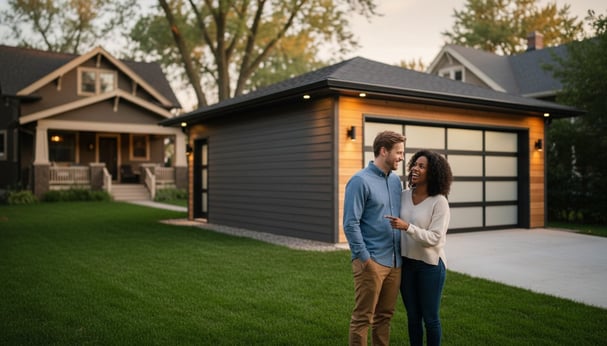 Modern 2-car detached garage behind a Minneapolis home with a glass-panel garage door