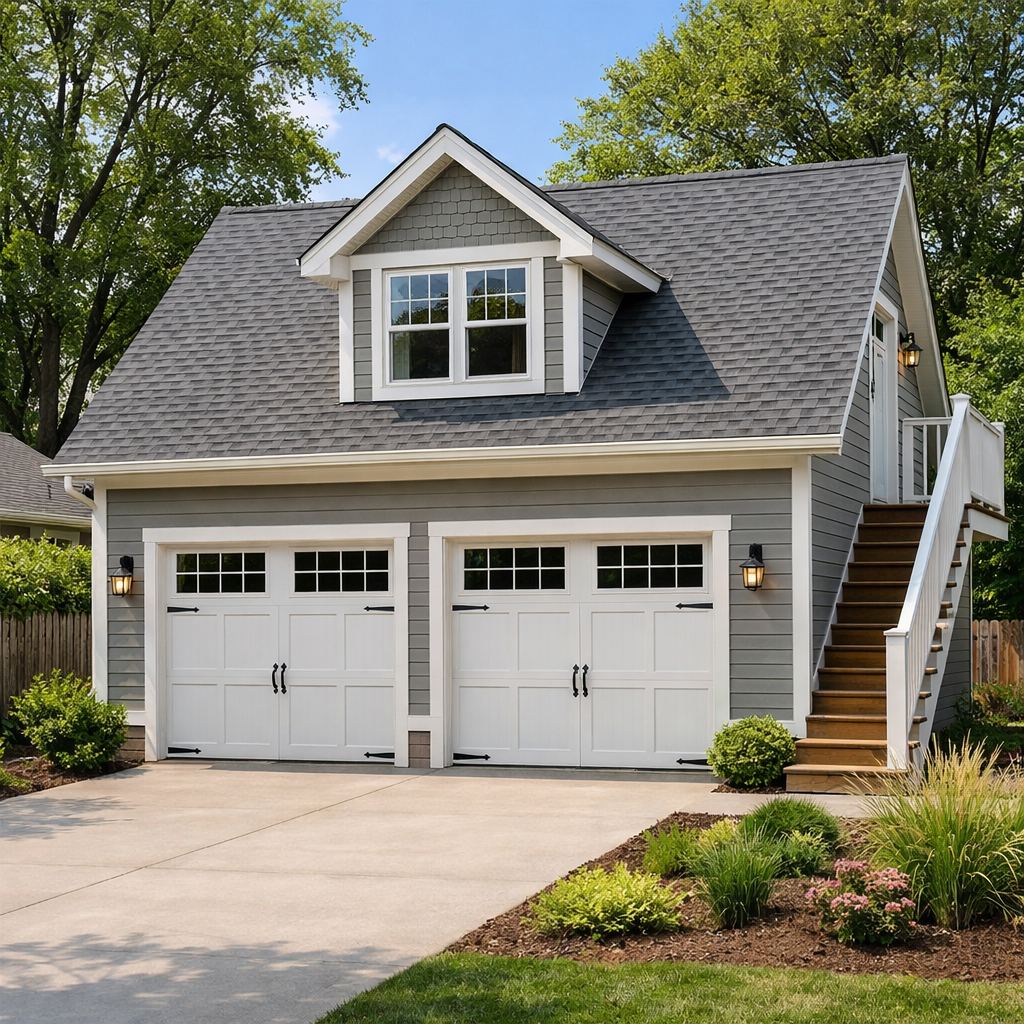 2 Car 2 Story Garage Using Attic Trusses and Dormers